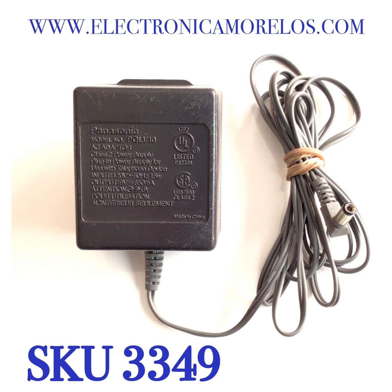CARGADOR / ADAPTADOR DE FUENTE DE ALIMENTACION PANASONIC / NUMERO DE PARTE PQLV10 / ENTRADA VCA 120V~60HZ 15W / SALIDA VCD 9V 850MA / MODELO PQLV10